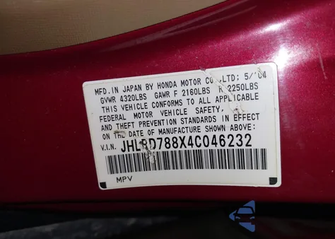 2004 Honda Cr-V Ex z USA, uszkodzony, nr VIN JHLRD788X4C046232